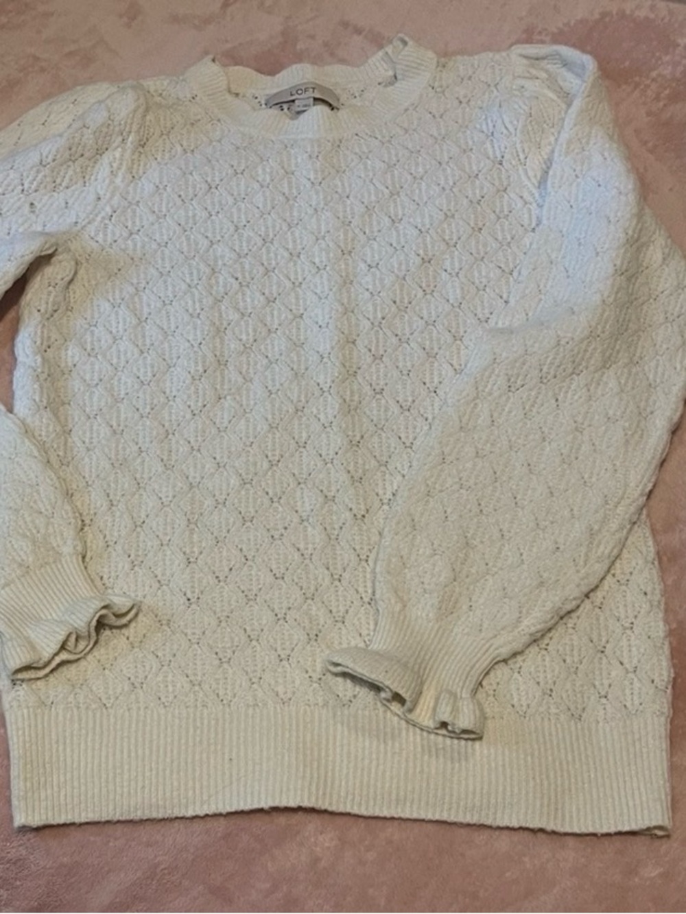 LOFT Cream Pointelle Ruffle-Cuff Crewneck Sweater